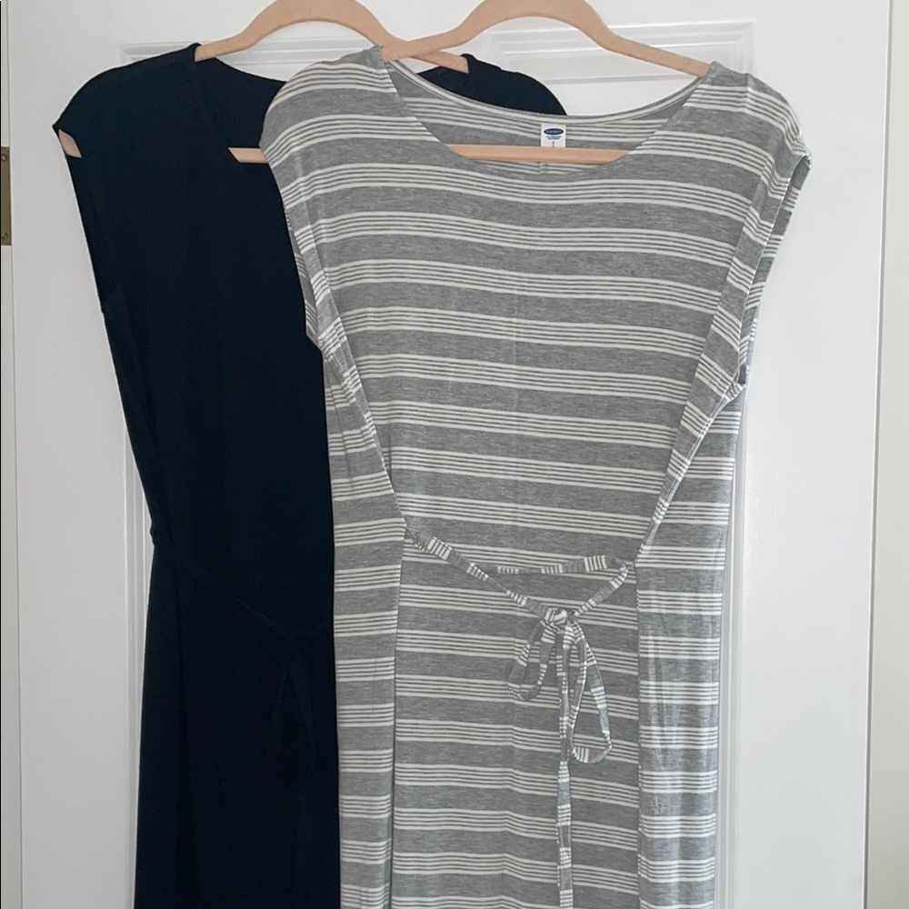Striped Gray and Solid Black Women's Cap Sleeve Midi Dresses
